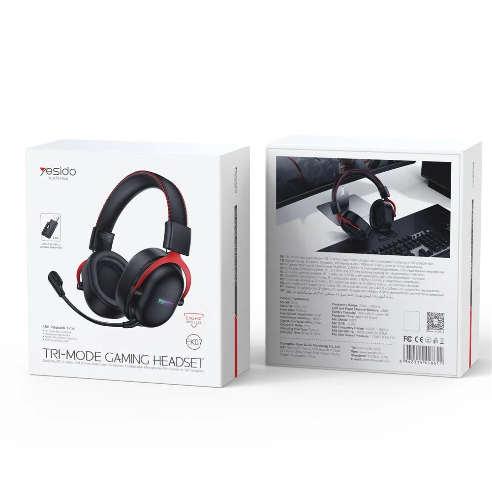 YESIDO EK07 Tri-Mode Gaming Headset Bluetooth-compatible 2.4G Wired Over Ear Headphones with Detachable Mic - Black - 6