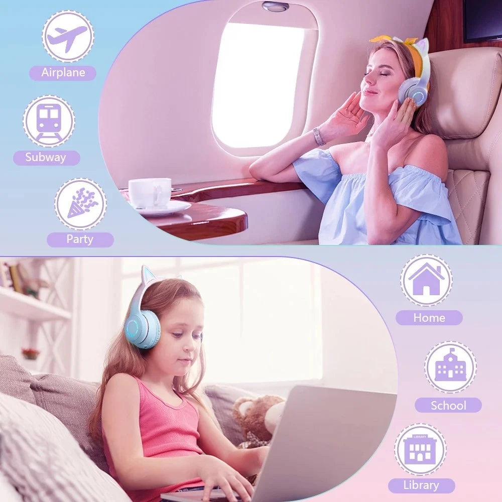 BT029C Bluetooth-compatible Wireless Headset with Detachable Mic RGB LED Adjustable Head-Mount Earphones Kids Stereo Music Cat Ear Folding Headphones - Blue - 5