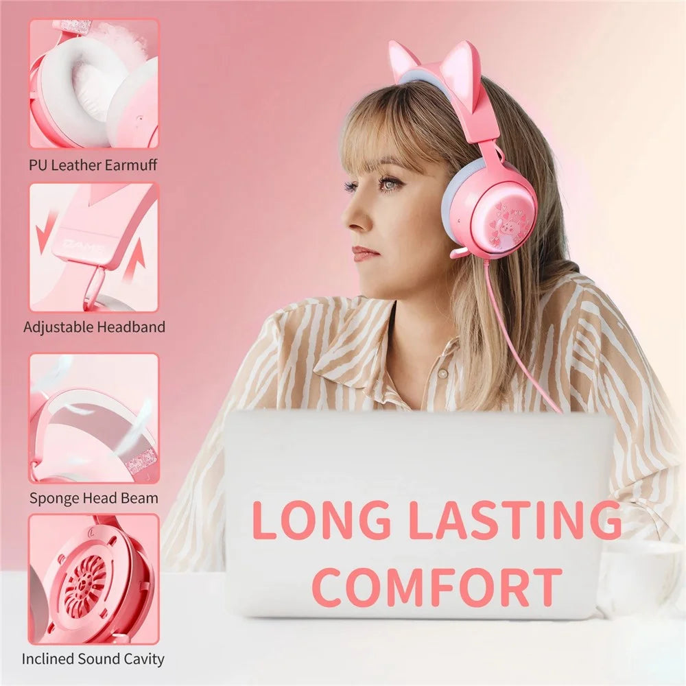 SOMIC GS510 Cat Ear Design USB+3.5mm Wired Over-Ear E-sports Headphone Music Gaming Headset with LED Light - Pink - 4