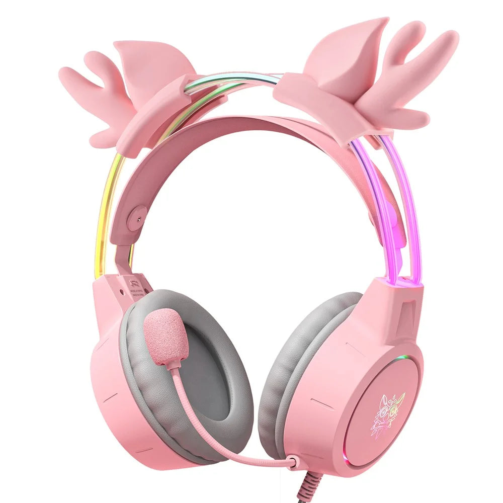 ONIKUMA X15 Pro Wired Gaming Headphones with RGB Light Antlers Design Stereo Surround Headset for Computer PC Gamer - Pink - 1