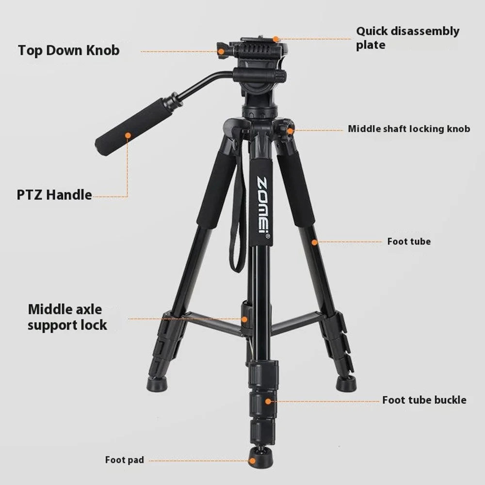 ZOMEI Q310 Photo Tripod Fluid Head Bracket 4-Section Large Size High Load-Bearing Mobile Phone Camera Universal, Black - 6