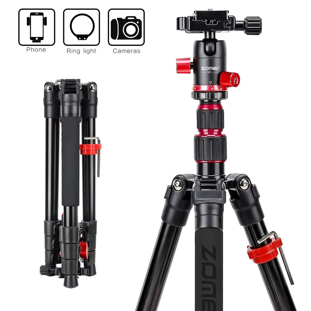 ZOMEI M5 Photo Camera Lightweight Travel Aluminum Tripod Monopod Compact Portable Photo 4-Section Tripod Stand, Black - 2