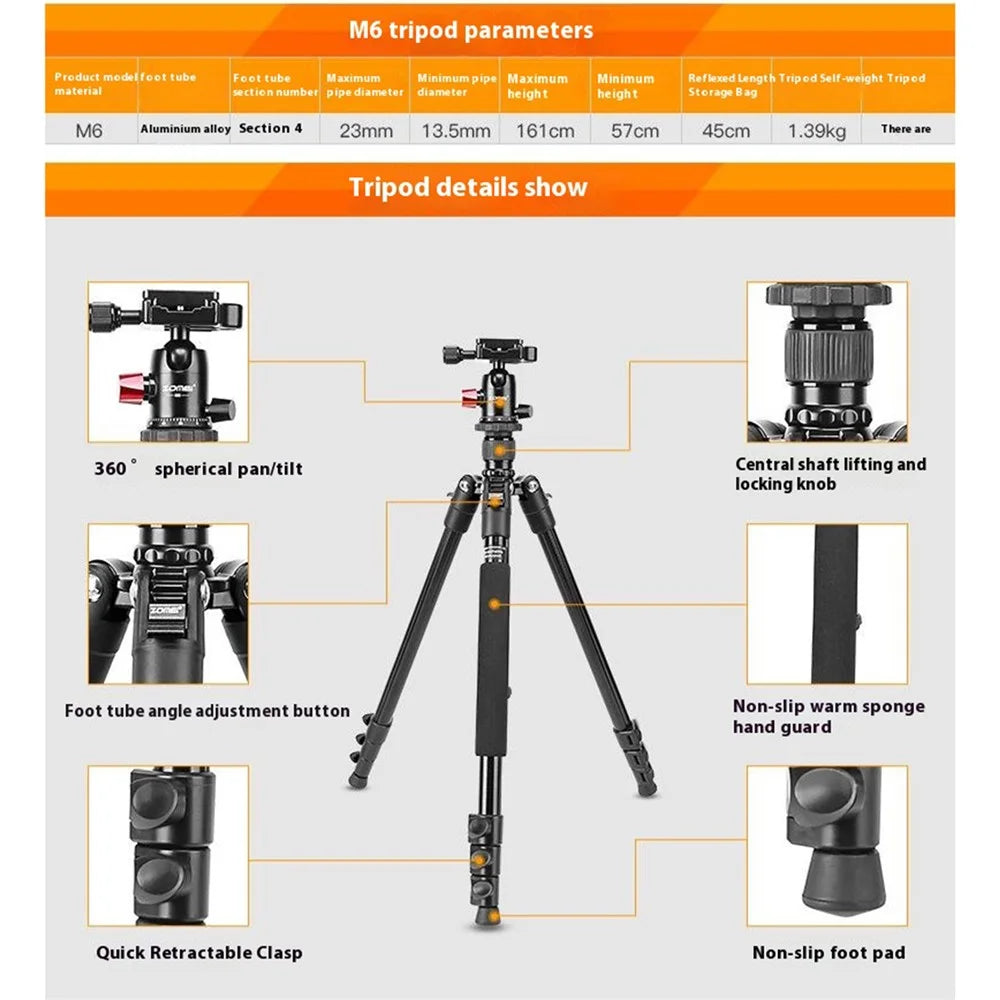 ZOMEI M6 Camera Tripod Mobile Phone Live Broadcast Bracket Aluminum Alloy 4-Section Tripod Stand - 7