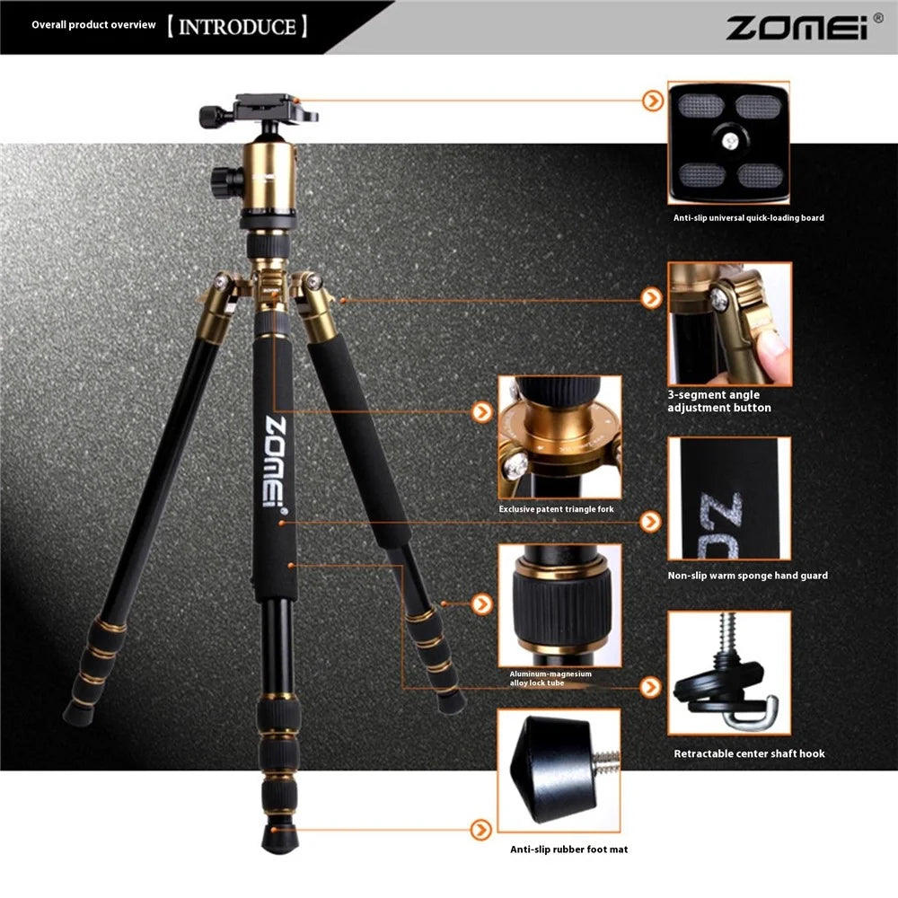 ZOMEI Z818 DSLR Camera Photography Tripod 4-Section Foldable Lightweight Alloy Stand - Gold - 3