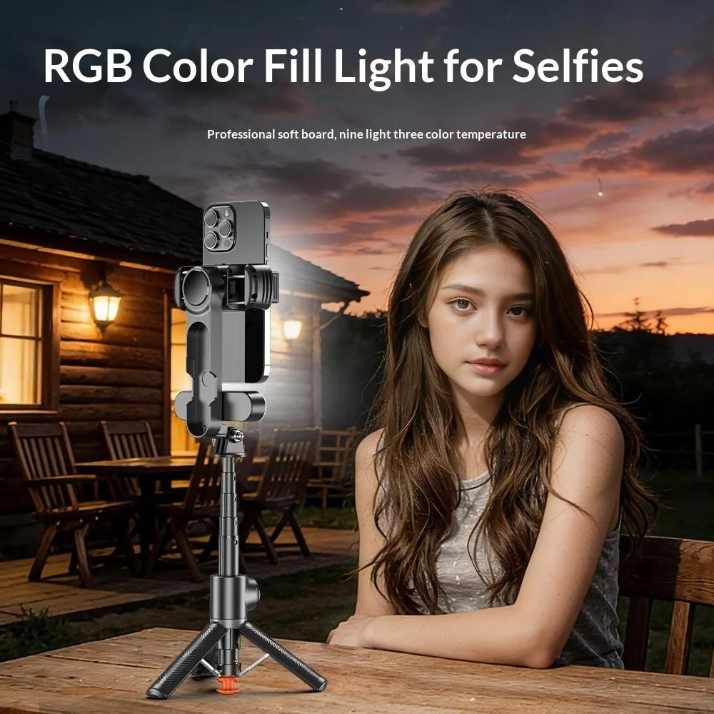 Q34 AI Anti-Shake Selfie Stick Gimbal Stabilizer RGB Beauty Light 71cm Extendable Phone Stand for Live Streaming - Black - 6