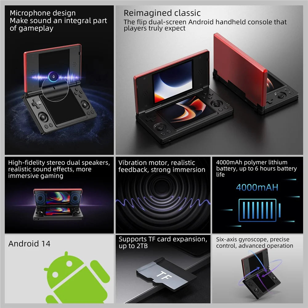 ANBERNIC RG DS Handheld Game Console Retro Arcade Android Open Source Console with Dual IPS Screens (3+32G) without Games - Red / Black - 6