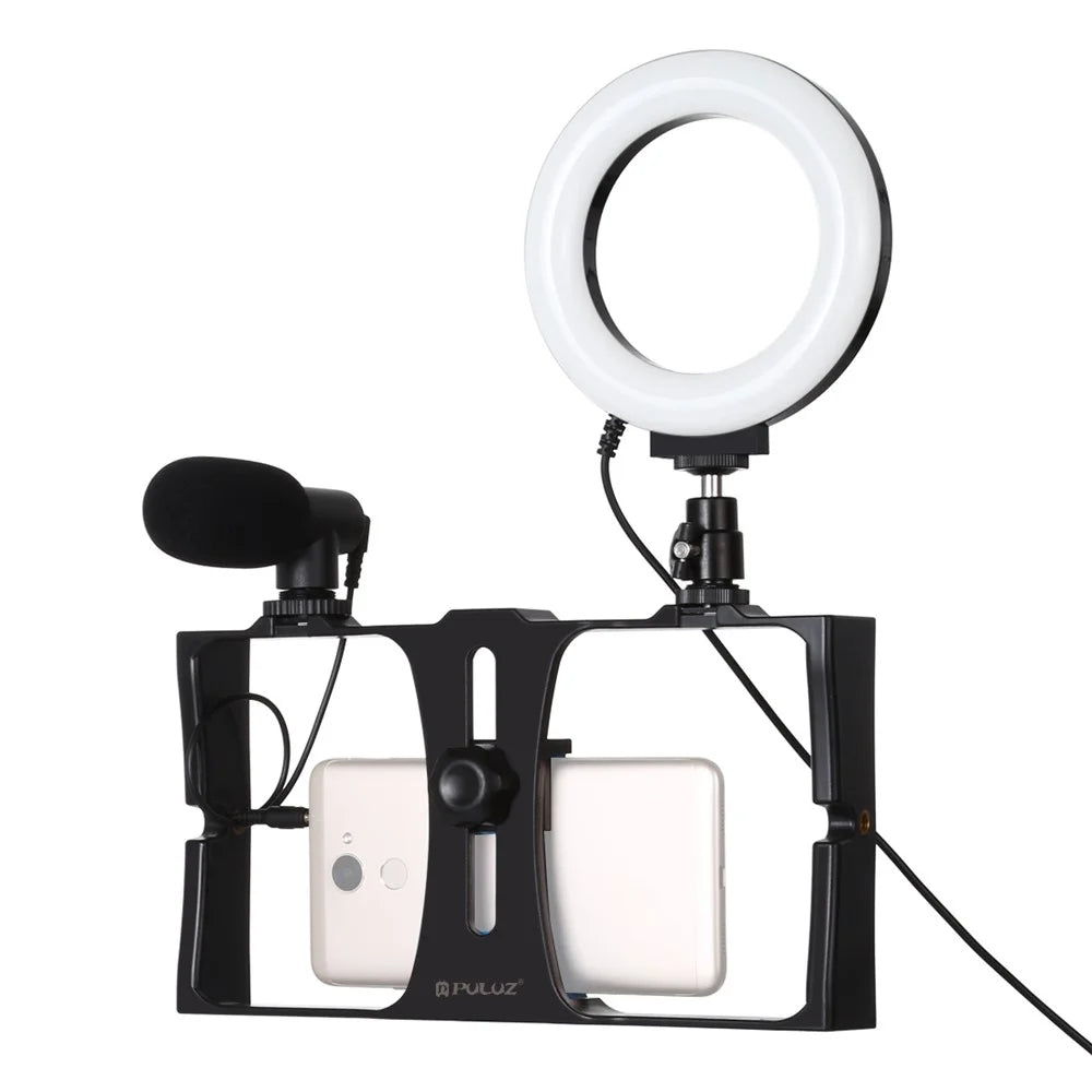 PULUZ PKT3027 Photography Kit Ring LED Light Video Rig Camera Cold Shoe Head with Microphone for Livestream Tik Tok Broadcasting Selfies - Blue - 3