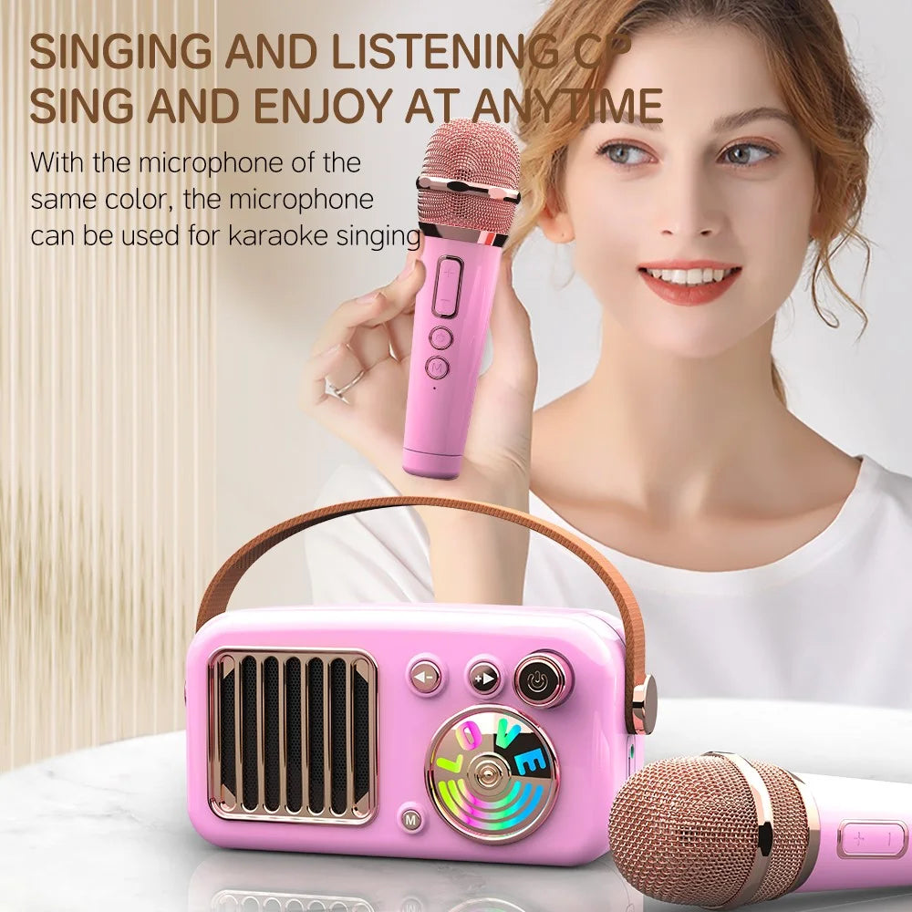 CYBORIS T4 Portable Retro Children Karaoke Speaker 15W Home Entertainment Bluetooth-compatible Speaker with 2 Microphones - Pink - 4
