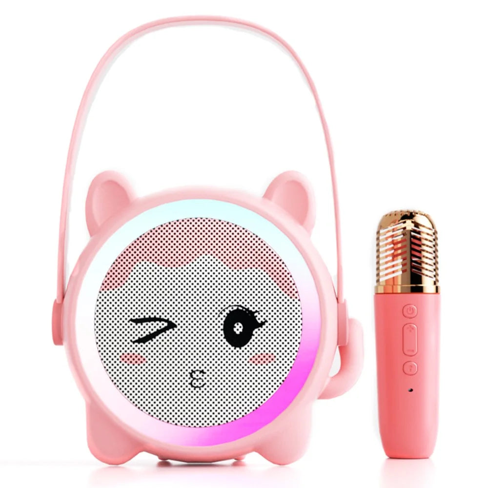 K12 Wireless Microphone Speaker Karaoke Set for Kids Cartoon Cute Design BT Audio System for Home - Pink Cat - 1