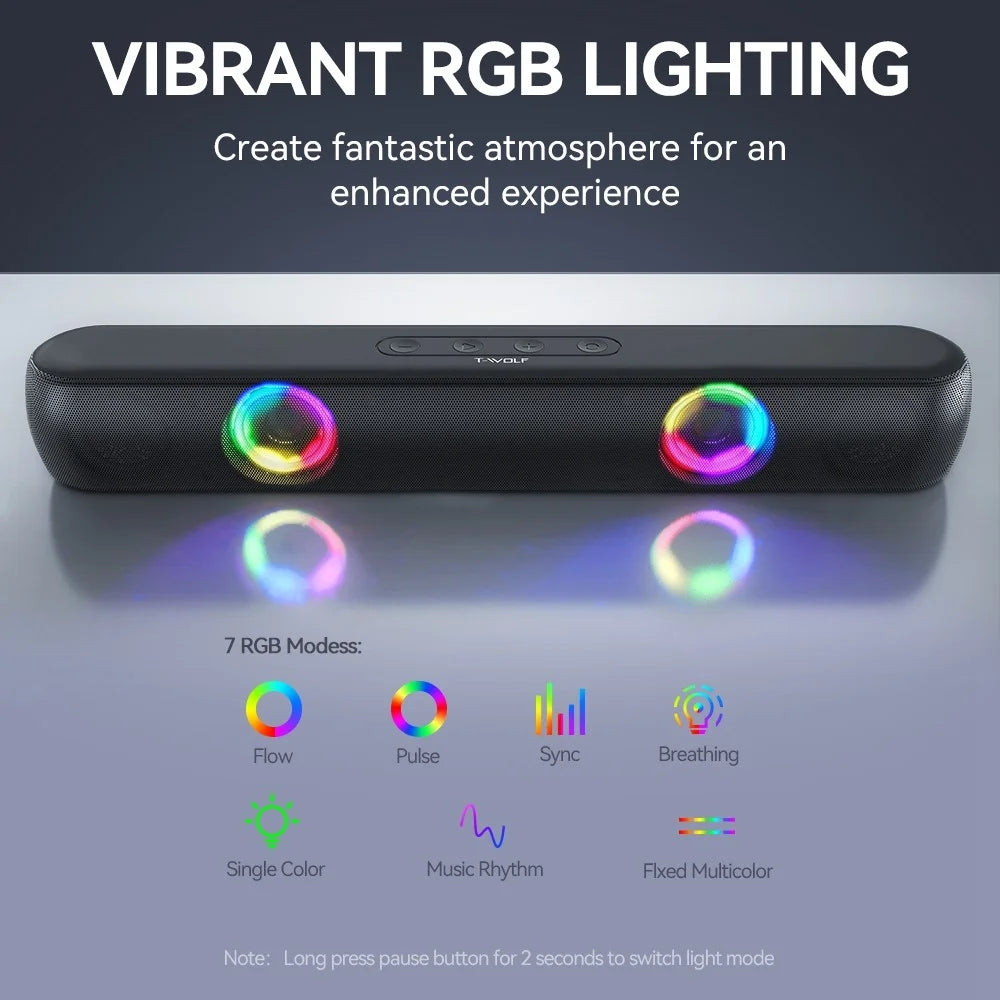T-WOLF B320 Desktop Stereo Speaker Wireless Bluetooth-compatible Speaker with RGB Light Portable Sound Amp for Home Office - 2