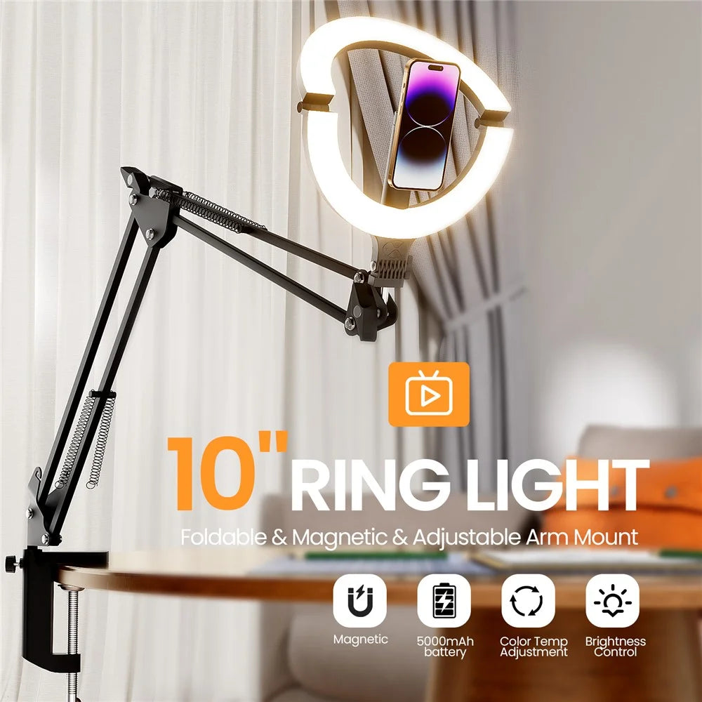 XJ36C 10 Inch Ring Light Fill Lamp with Magnetic Phone Holder Folding Stand, Overhead Shooting Kit - White - 2