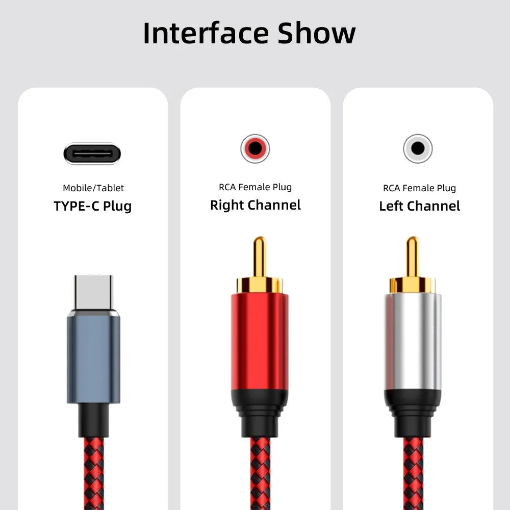 1m USB Type-C to 2 RCA Male Gold Plated Jack Audio Cable for Mobile Phone Tablet Connection to Speaker/Amplifier - 6