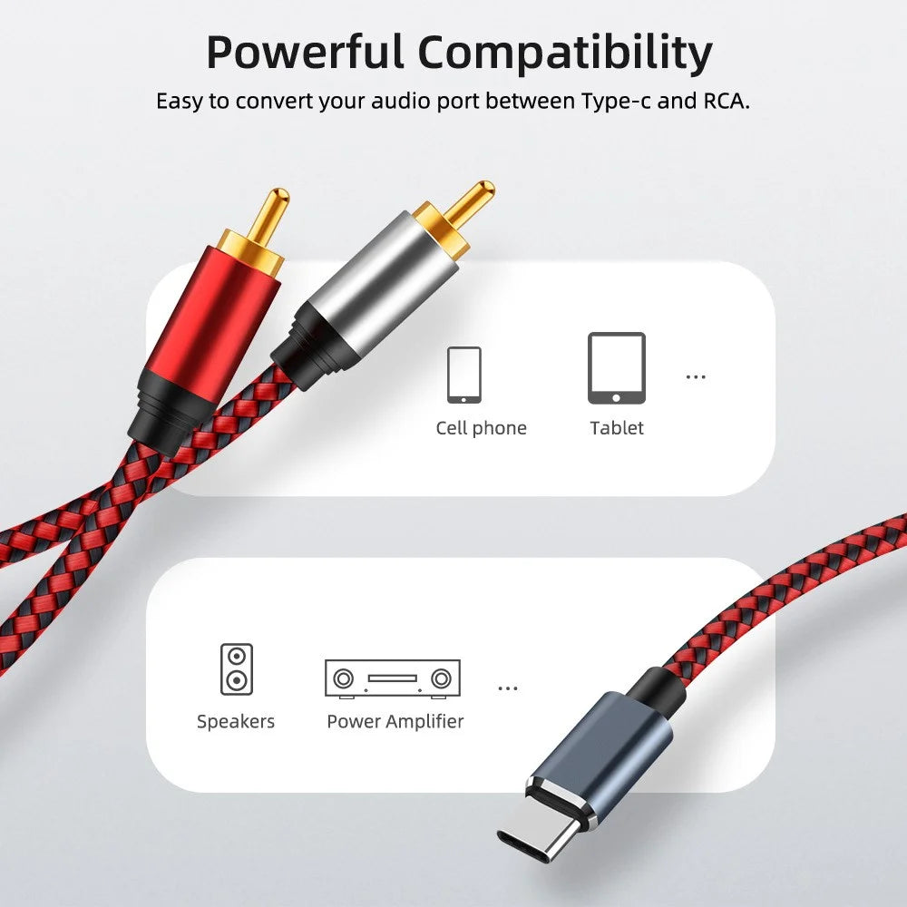 1m USB Type-C to 2 RCA Male Gold Plated Jack Audio Cable for Mobile Phone Tablet Connection to Speaker/Amplifier - 7