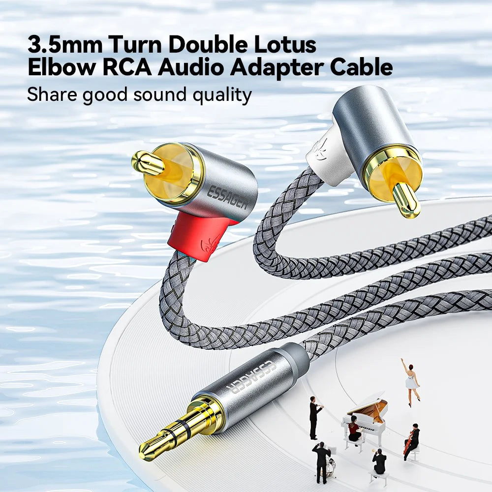ESSAGER 2m Stable Transmission 3.5mm AUX to Dual Angled Head RCA Cable Nylon Braided RCA Audio Adapter Line - 2