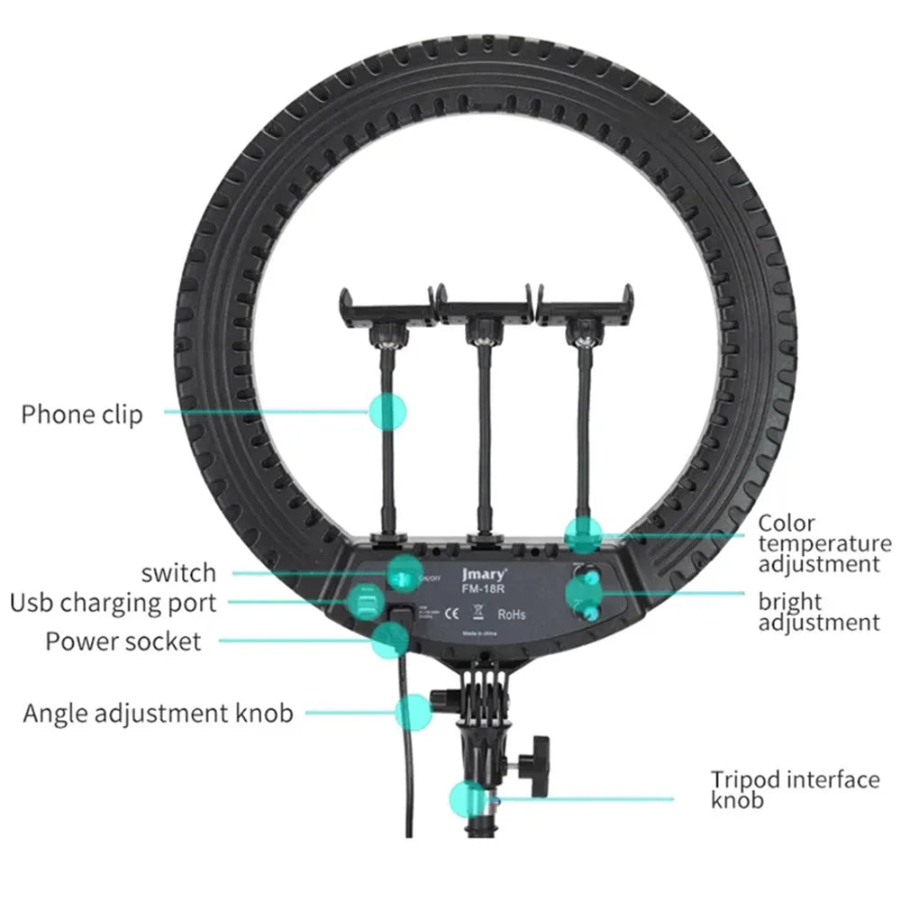 JMARY FM-18R 18-inch Photography Live Streaming Fill Light LED Beauty Ring Light - US Plug - 3