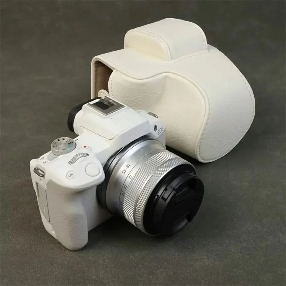 For Canon EOS R100 / R50 Camera Case Litchi Texture PU Leather Bag Protective Cover with Shoulder Strap - White - 3