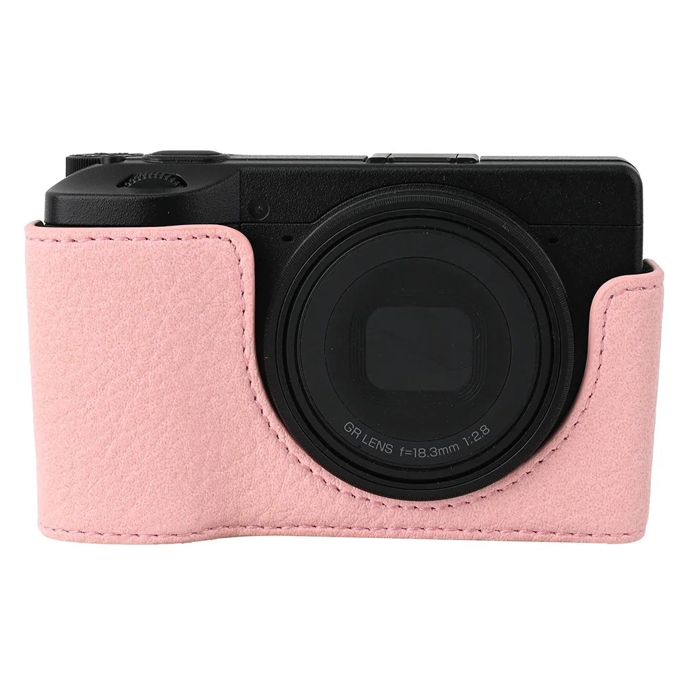 For Ricoh GR III / GR IV Litchi PU Leather Camera Base Protective Camera Case with Tripod Screw Hole and Battery Access - Pink - 1
