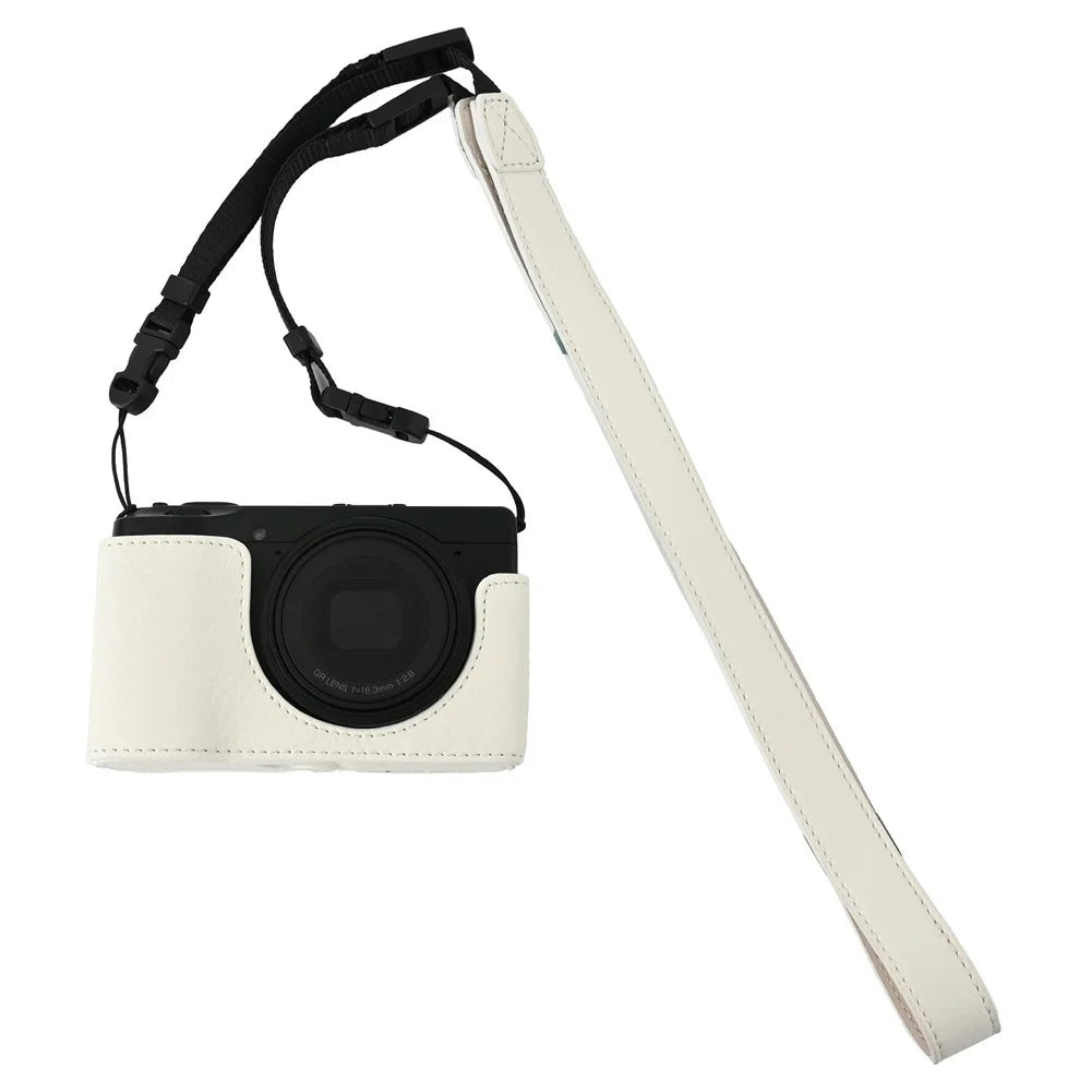 For Ricoh GR III / GR IV Litchi Camera Base Protective Camera Case with Shoulder Strap and Battery Access - White - 1