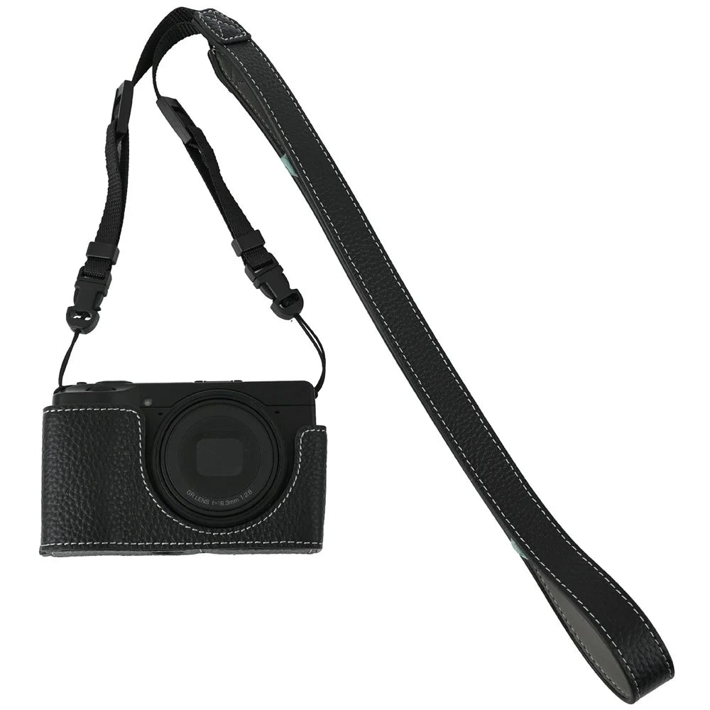 For Ricoh GR III / GR IV Camera Case Genuine Leather Base with Shoulder Strap and Tripod Screw Hole - Black - 1