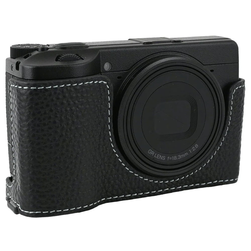 For Ricoh GR III / GR IV Camera Case Genuine Leather Base with Shoulder Strap and Tripod Screw Hole - Black - 3