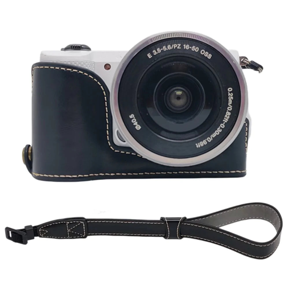 For Sony A5000 / A5100 Camera Bottom Case PU Leather Half Cover Battery Removable Design Protective Cover with Wrist Strap - Black - 1