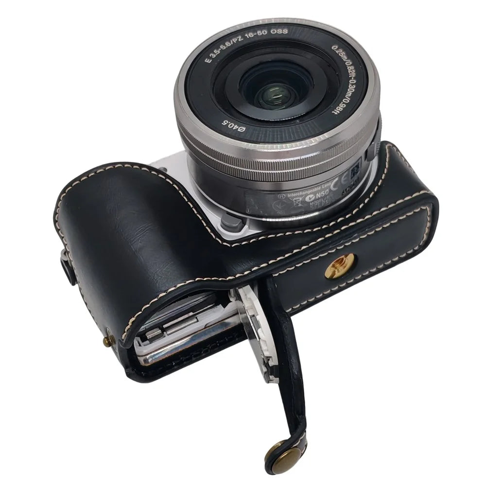 Camera Half Case for Sony A5000 / A5100 Faux Leather Grip Cover Bottom Opening Battery Access Protective Shell - Black - 1