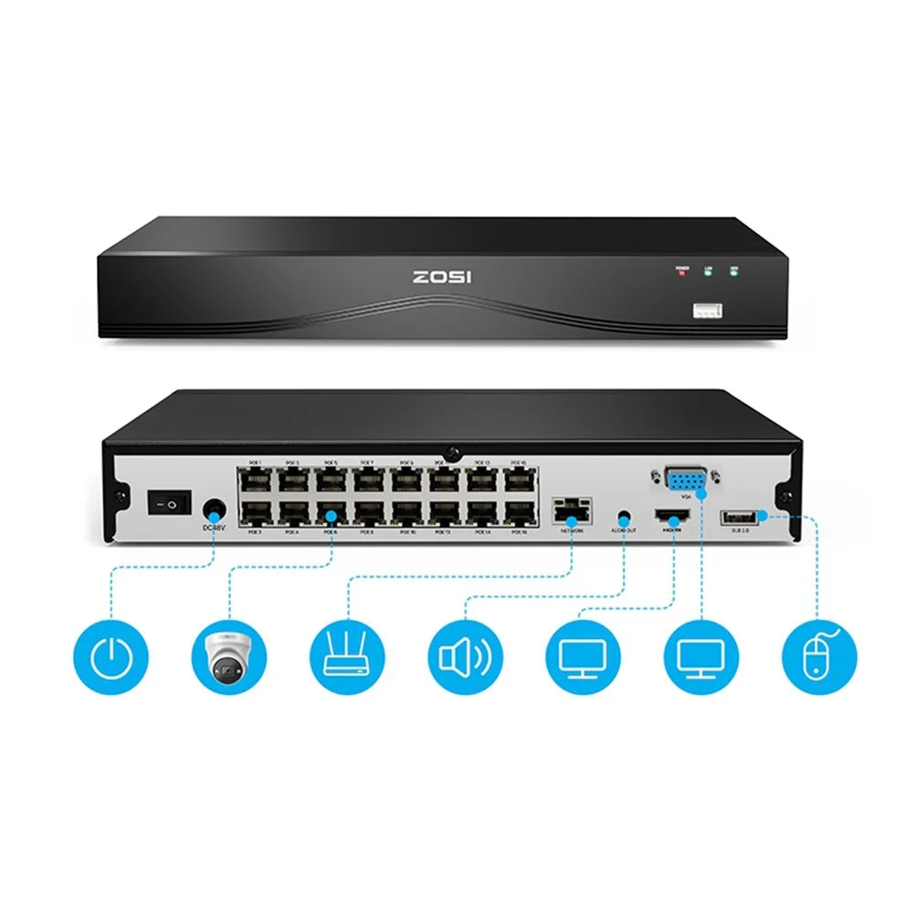 ZOSI 4K 8MP 24-Channel PoE NVR Compatible with Zosi PoE 4K / 5MP / 3MP / 4MP / 8MP Camera Dual HDD Backup Security System Network Video Recorder - Black - 2