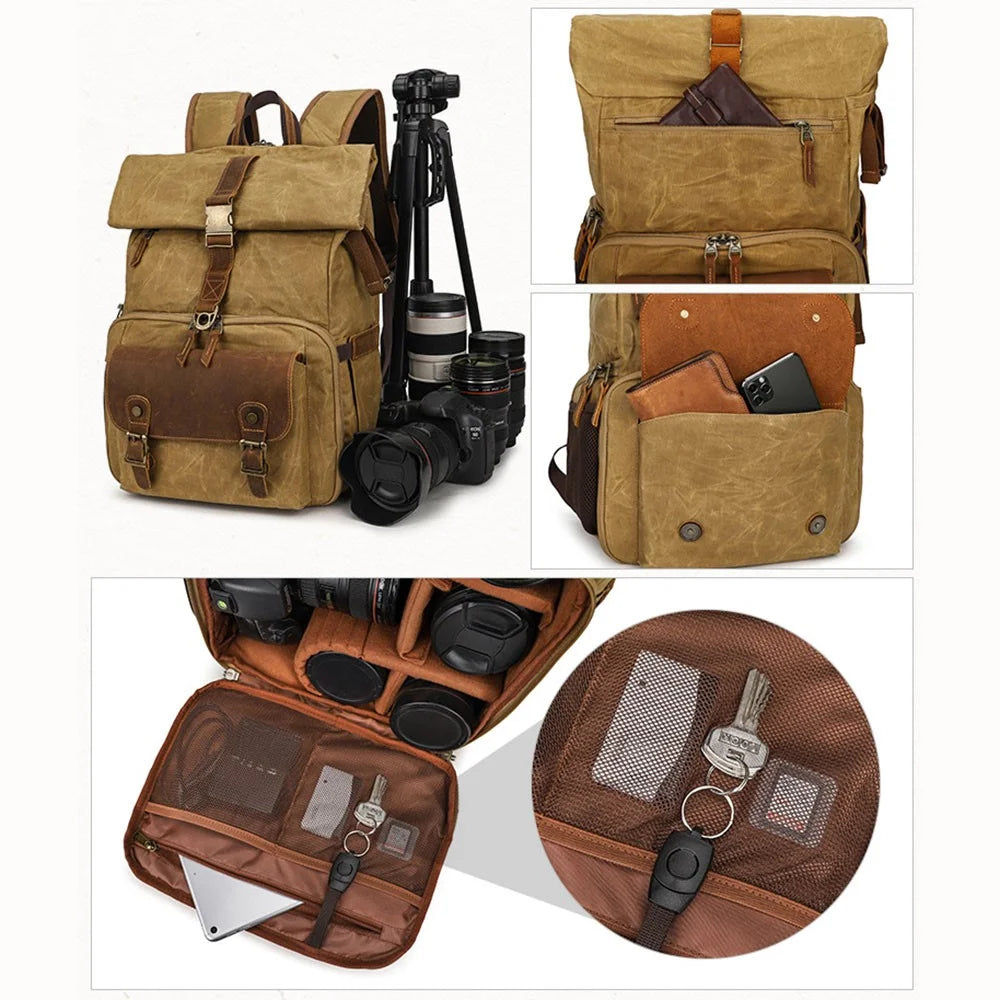 K-822 Waterproof Camera Bag Hiking Camping Canvas Rucksack Laptop Bag Travel Backpack - Yellow - 7