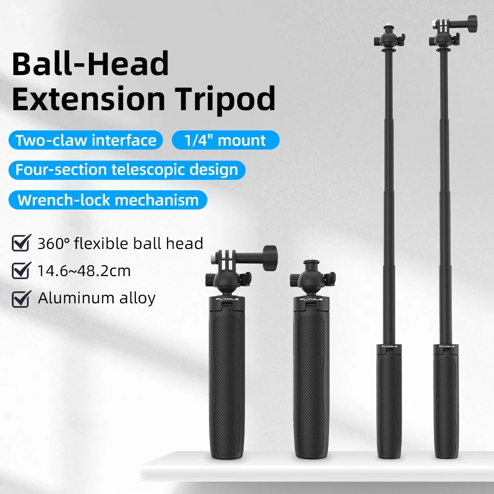FLYMILE Action Camera Extension Tripod with 1 / 4 Interface, Ball Head 360-Degree Adjustable Telescopic Stand - Black - 2