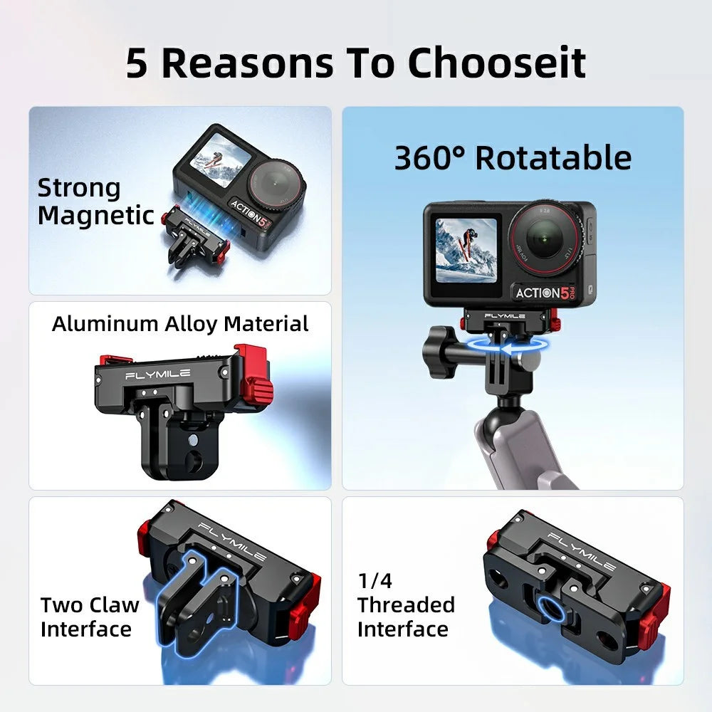 FLYMILE Aluminum Alloy Base for DJI Osmo 360 / Action 5 Pro / 4 / 3 Rotary Magnetic Quick Release Base - Black - 3