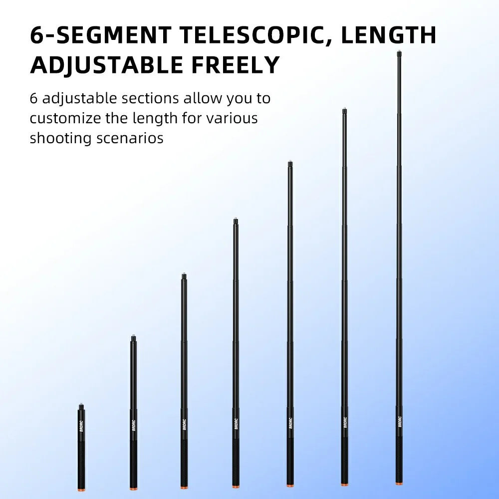 BRDRC 160cm Extension Selfie Stick 6-Section Telescopic Aluminum Alloy Invisible Selfie Stick for Action Cameras - Black - 6