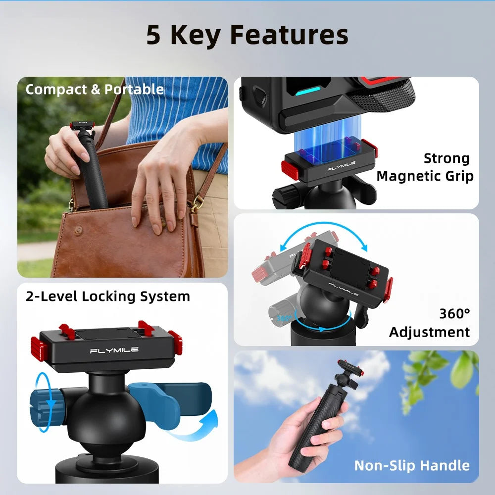 FLYMILE Magnetic Quick-Release Tripod for Insta360 Ace Pro 1 / 2 / ACE / X5 2-in-1 Selfie Stick Telescopic Pole Tripod with Ball Head - 3