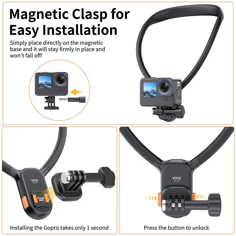 VRIG AC01 Magnetic Neck-Mount Holder for Claw Mini Action Camera Necklace Holder Bracket for Fishing, Biking, Vlogging - 6
