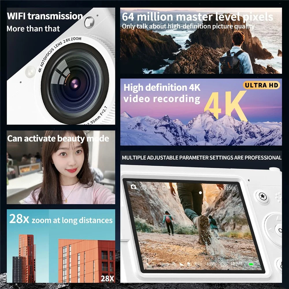 D7 Student Digital Camera 64MP HD CCD WiFi 4K Video Recorder Card Camera with 8GB Memory Card - Black - 3