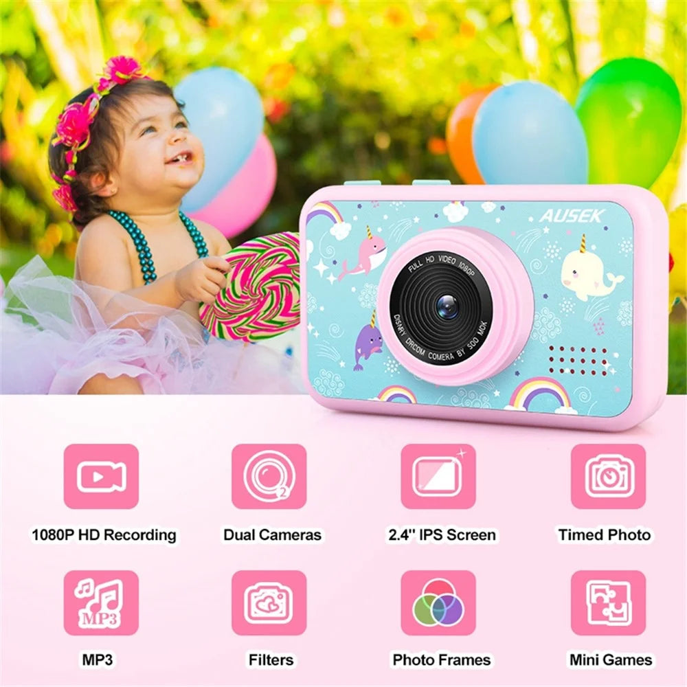 AD-G29D 2.4 inch Screen Kids Camera Front/Back Dual Camera Portable Handheld Mini Camera with Games/Filters/Frames - Pink - 3