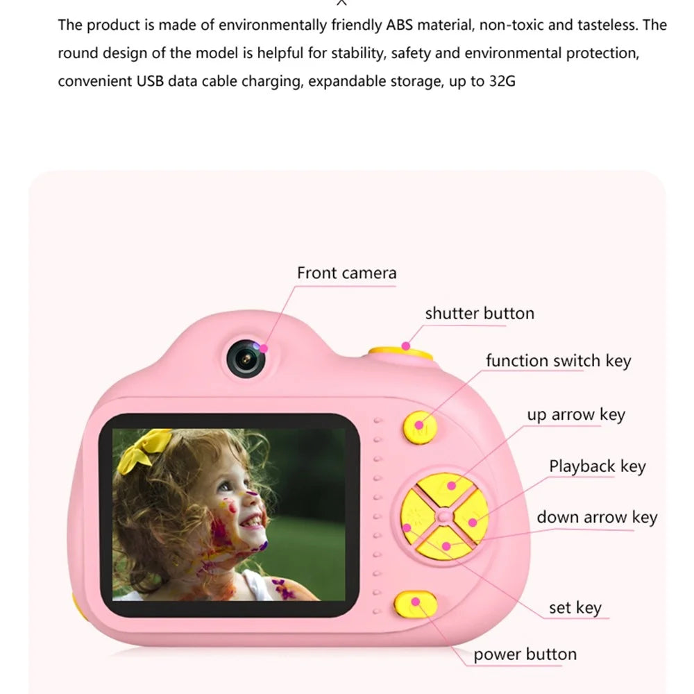 D6V 2.0 inch Screen Children Camera Toy Rechargeable Dual Lens DSLR Camera Camcorder Kids Gift (No Memory Card) - Pink - 4