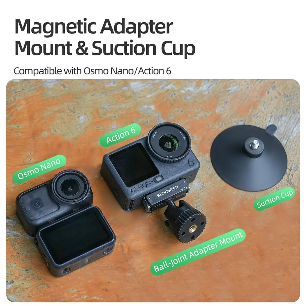 SUNNYLIFE ON-SC113 For DJI Osmo Action 6 / Nano Dual Direction Magnetic Quick Release Ball Head Suction Cup Mount Bracket - Black - 3
