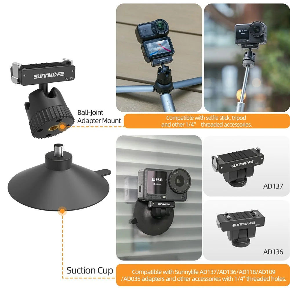SUNNYLIFE ON-SC113 For DJI Osmo Action 6 / Nano Dual Direction Magnetic Quick Release Ball Head Suction Cup Mount Bracket - Black - 4