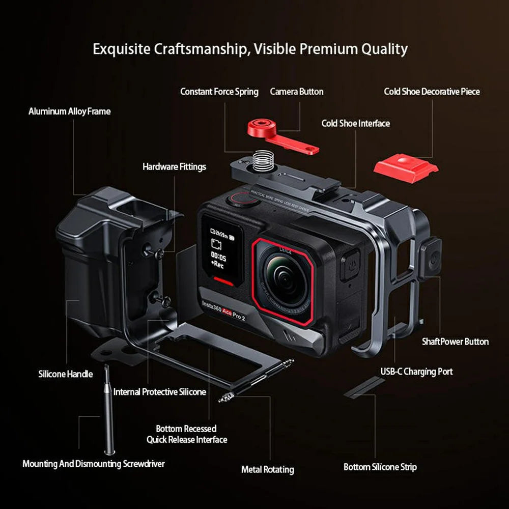 DJ-10 Camera Cage for Insta360 Ace Pro 2 One-Piece Aluminum Alloy CNC Protective Frame with Cold Shoe Mount & 1 / 4 Inch-20 Threaded Holes - Black - 4