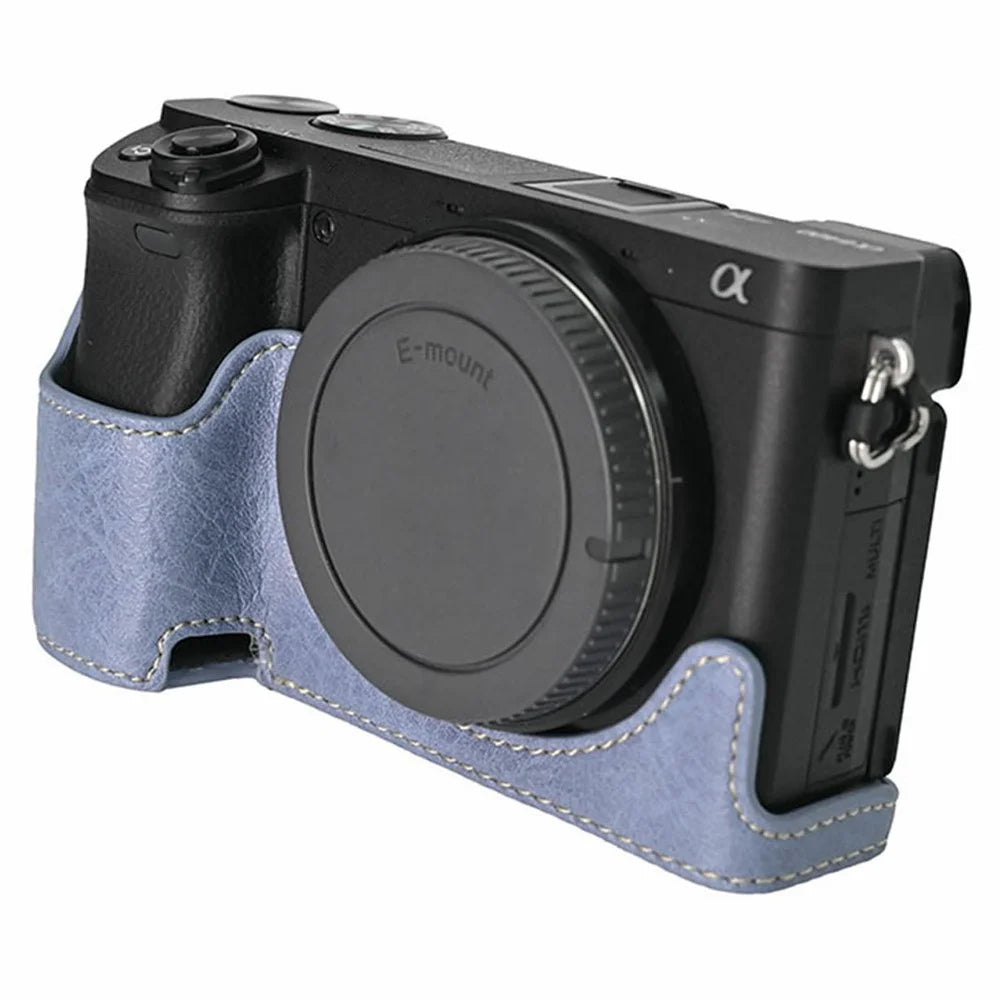 For Sony A6400 Camera Bottom Case PU Leather Lychee Texture Pattern Magnetic Base Half Cover Protective Shell with Battery Access - Navy Blue - 2