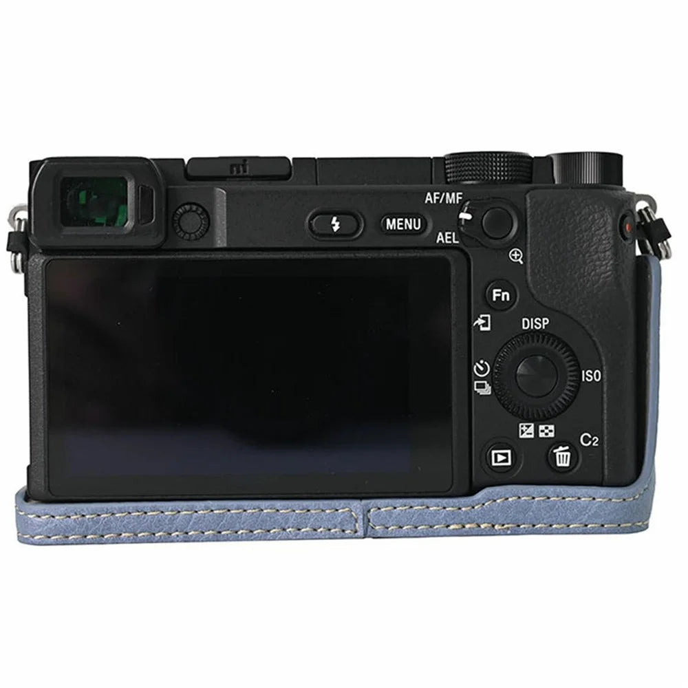 For Sony A6400 Camera Bottom Case PU Leather Lychee Texture Pattern Magnetic Base Half Cover Protective Shell with Battery Access - Navy Blue - 3