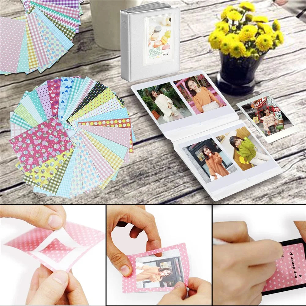For FujiFilm Instax Mini 12 / 11 / 9 / 8 Camera Accessories 7-in-1 Bundle Kit Include Case, Film Stickers, Desk Frames, Hanging Frame - White - 7