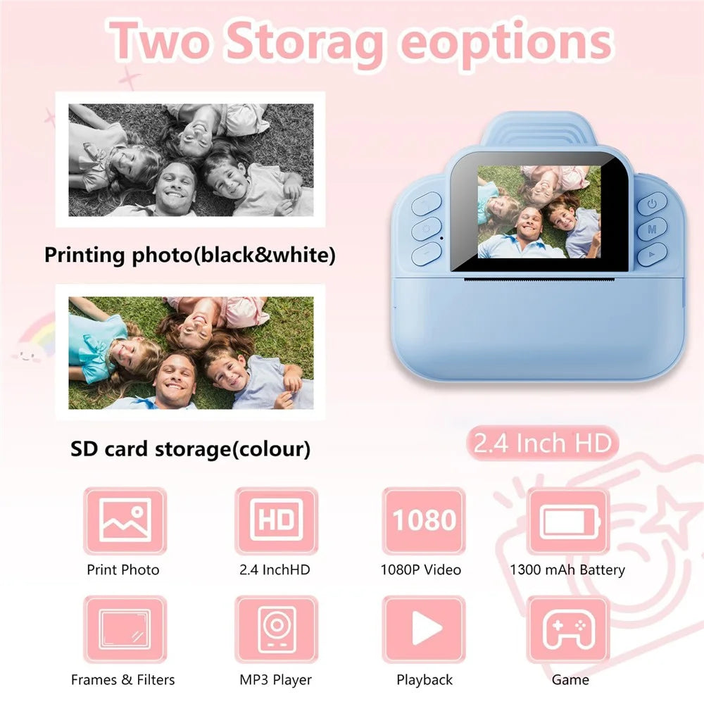 S9 2.4 Inch Kids Instant Print Camera Thermal Printer Children HD Video Recorder - Blue - 2