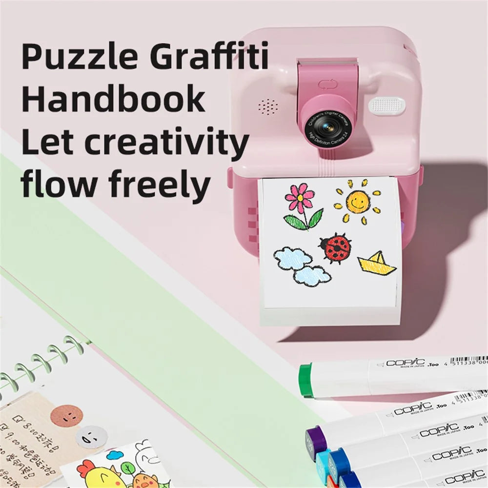 P02 2.4 Inch Instant Print Camera Cartoon Animal Pattern Flip Lens HD Camera for Kids with 32GB Card + Card Reader - Pink - 7