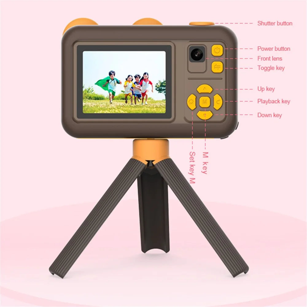 D32 2-inch Screen Children Camera Rechargeable HD Dual Lens Camera Toy with Silicone Cover and Tripod - Brown - 3