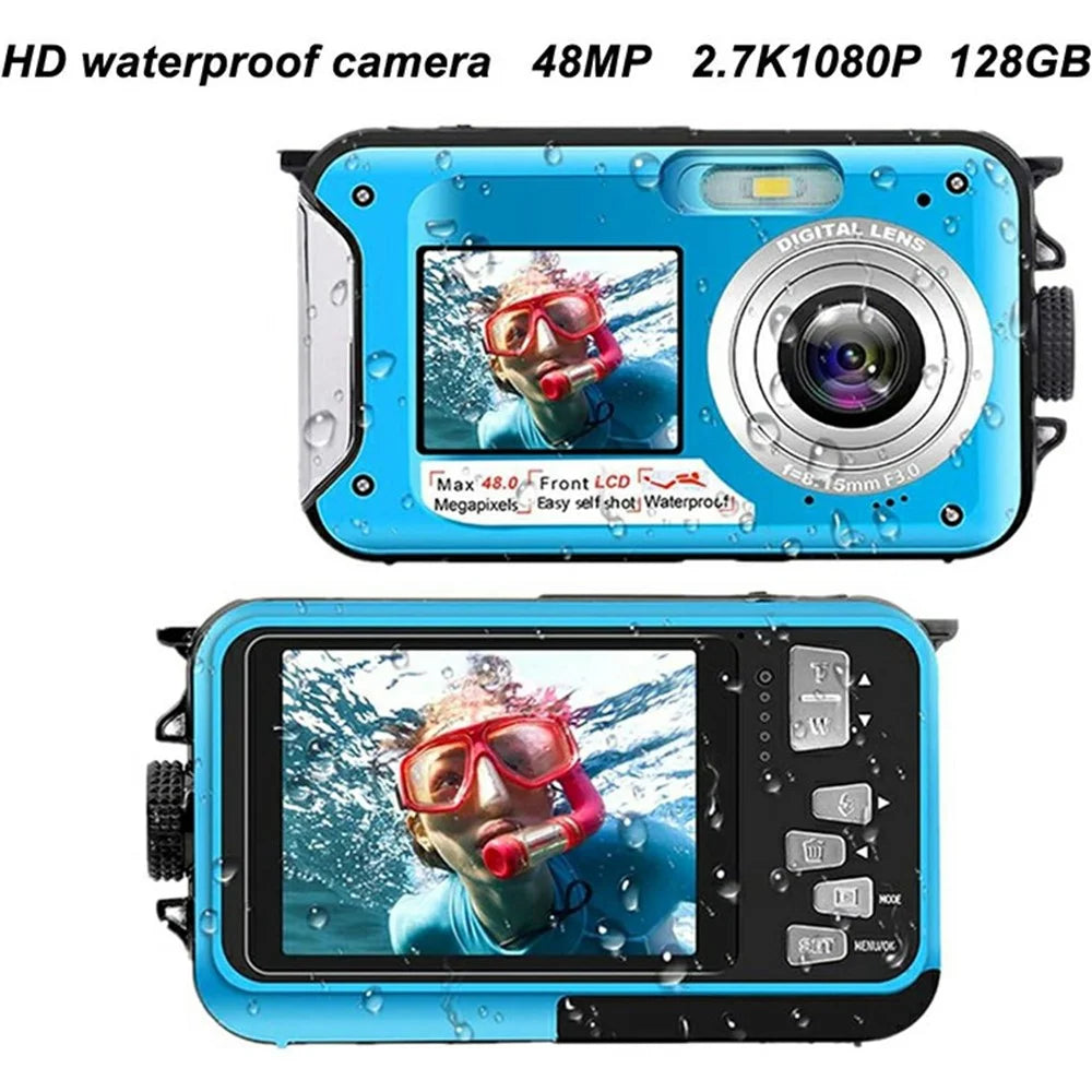 WP06 1.8 Inch Front + 2.7 Inch Rear Dual Screen 48MP 2.7K HD Digital Camera for 3m Underwater Photography, with 32GB Card - Blue - 4