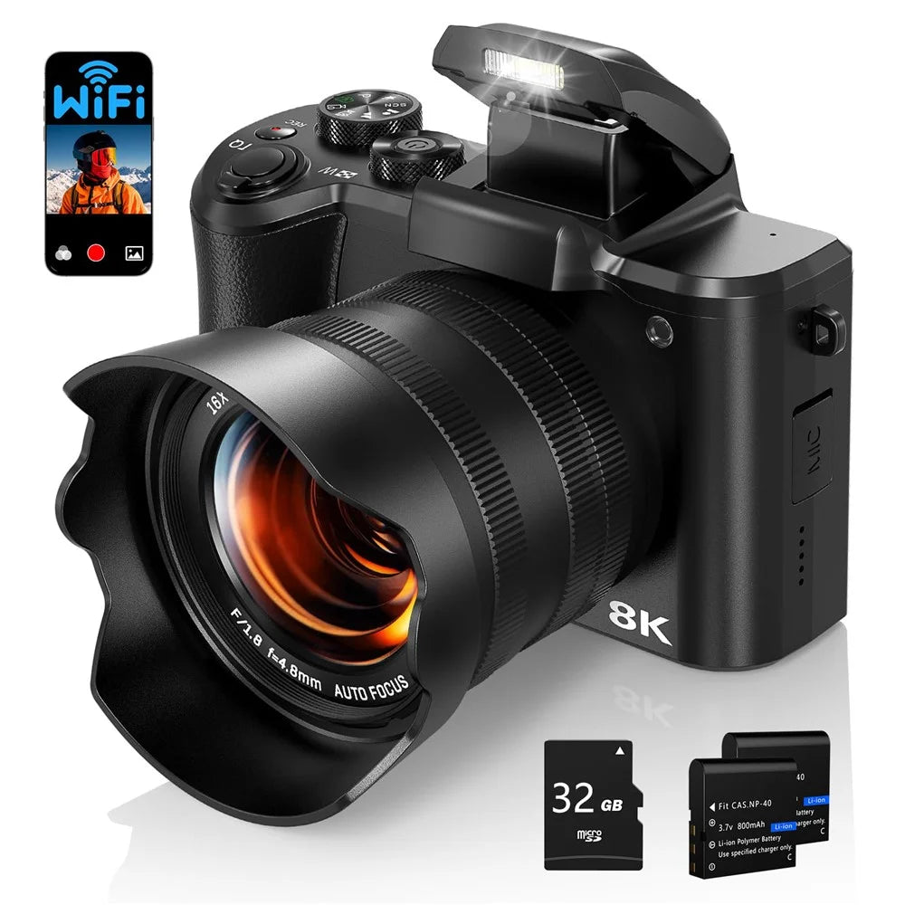 DC226 8K Digital Camera 48MP Sensor Entry-Level for Students Selfie Camera with 32GB Memory Card / 2 Batteries - EU Plug - 1