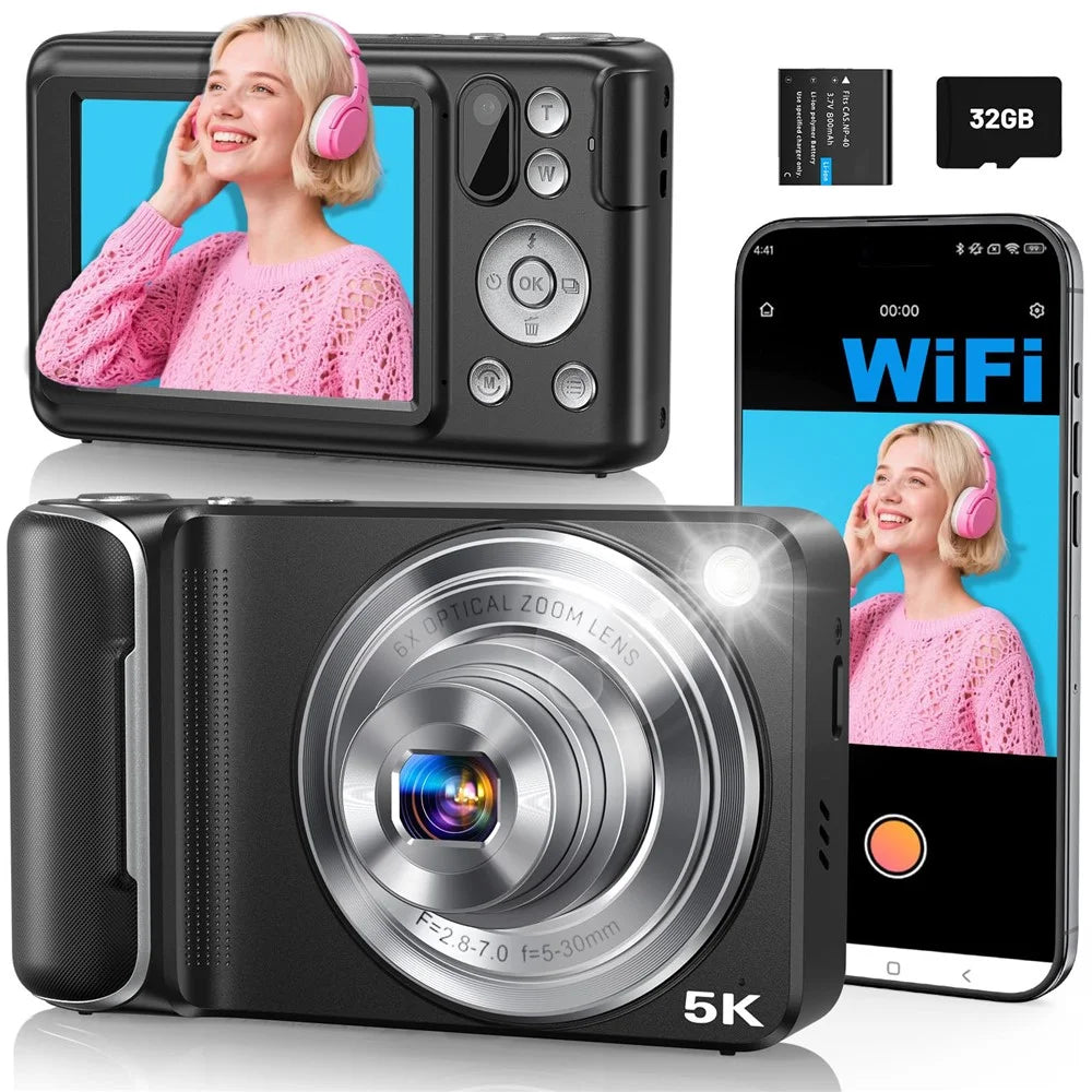 DC309X 6X Optical Zoom Digital Camera with 32GB Memory Card HD Mini Dual Lens Camera for Students / Selfie Photography - Black / US Plug - 1