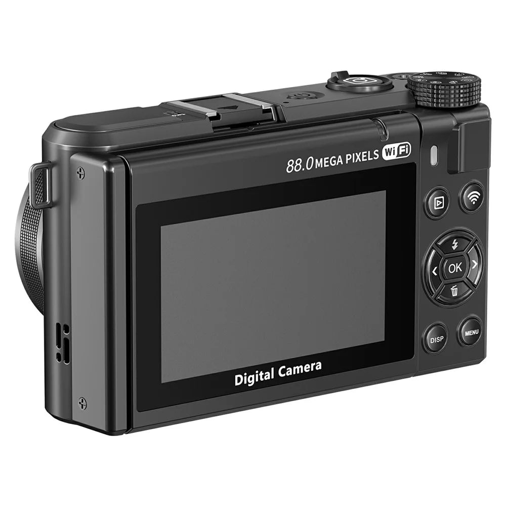 WD300-8K 88MP 8K 3 inch 180 Degree Flip Screen Digital Camera 18X Zoom WiFi Travel Camera with 64GB Card + Card Reader - Black - 2
