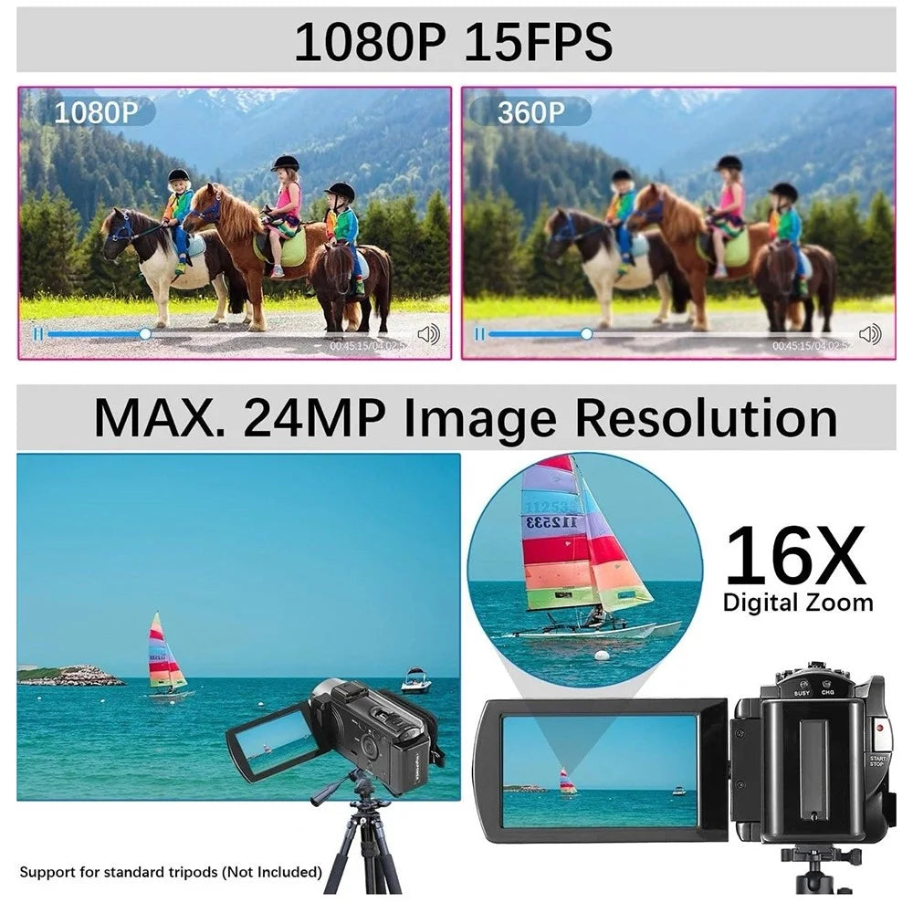 HDV-604S Digital Video Camera with 2 Batteries 3.0 Inch 270 Degree Rotating Screen 16X Zoom 1080P Camcorder - Black - 4